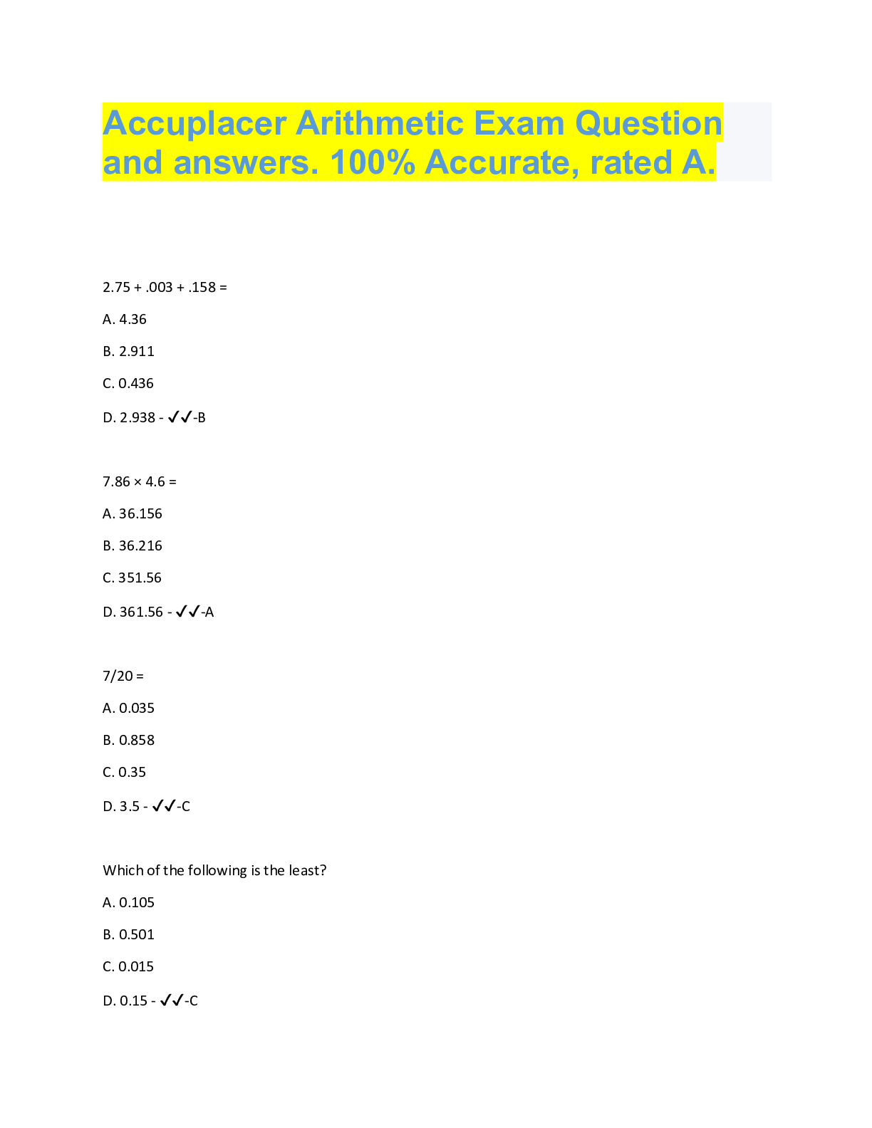 Preview image for Accuplacer Arithmetic Exam Question  and answers. 100% Accurate, rated A.